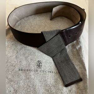 Brunello Cucinelli brown leather belt, size XL, silver Monilli detail.